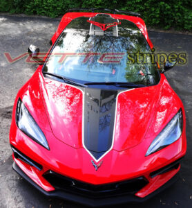 Torch red C8 Corvette with Stingray R hood stripe full package