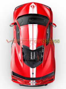 Torch red C8 Stingray coupe with white ME full length dual racing stripes