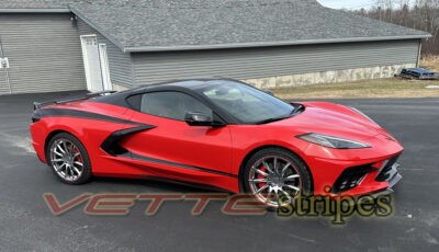 Torch red c8 Corvette Stingray with carbon flash side stripes 3
