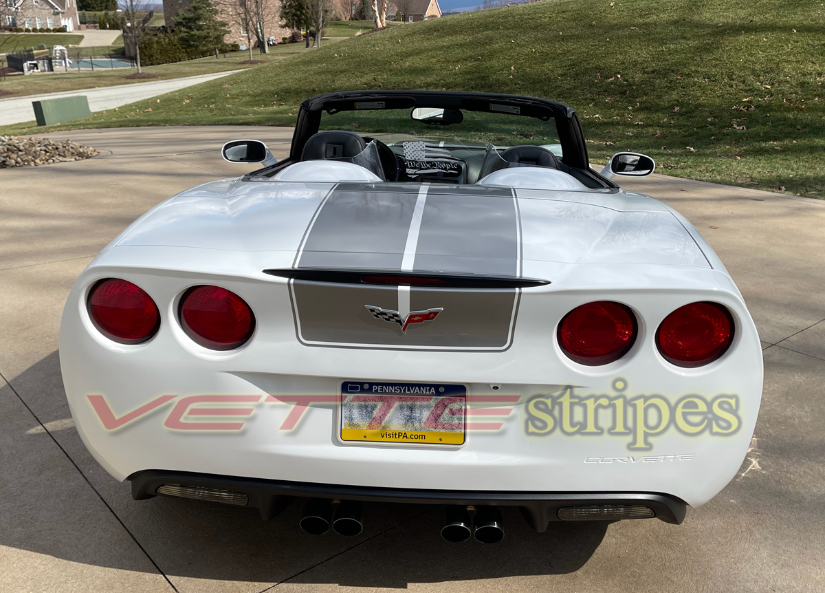 White C6 Corvette Convertible with Centennial COM CSR stripes in gunmetal White C6 Corvette Convertible with Centennial COM CSR stripes in gunmetal