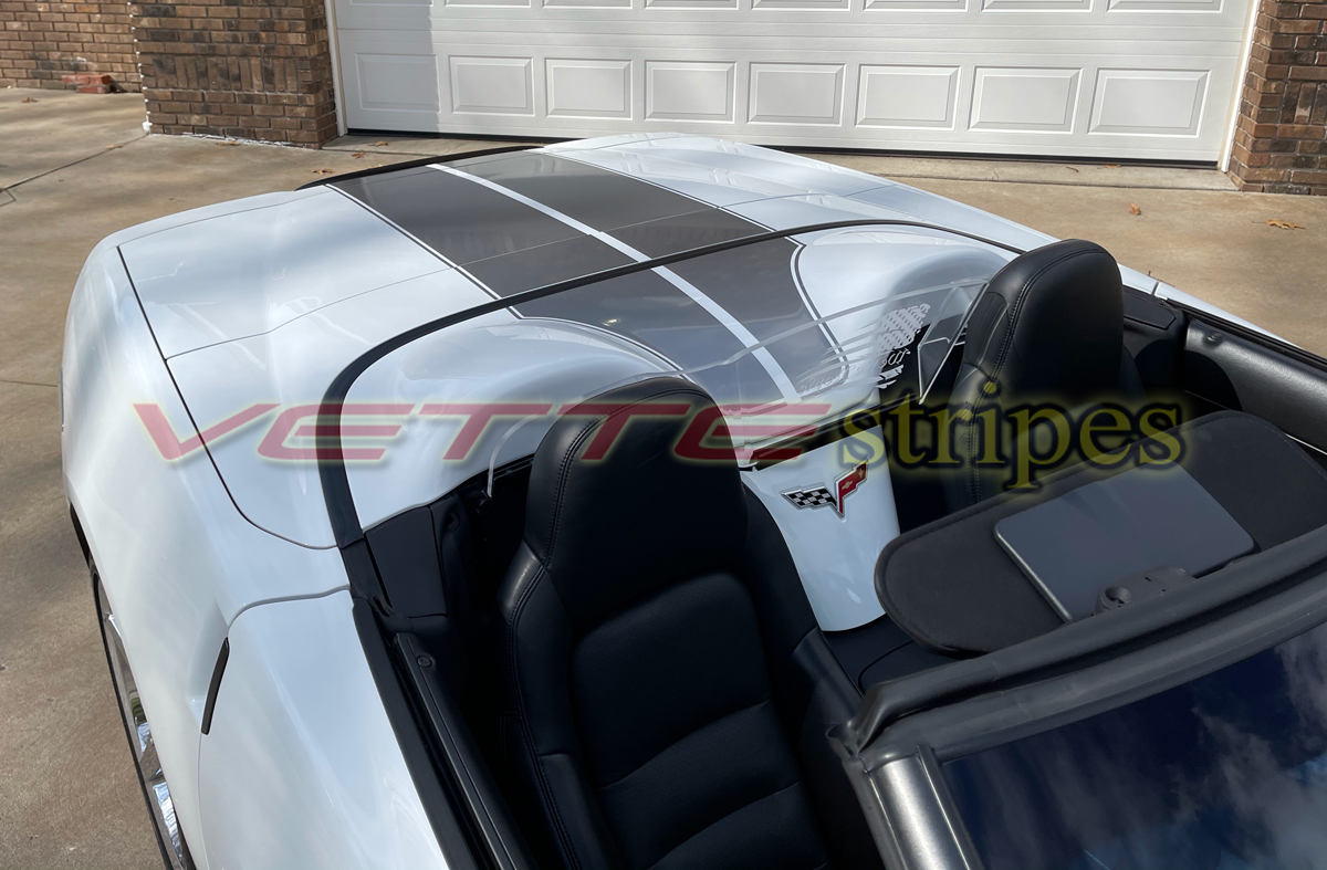 White C6 Corvette Convertible with Centennial COM CSR stripes in gunmetal White C6 Corvette Convertible with Centennial COM CSR stripes in gunmetal