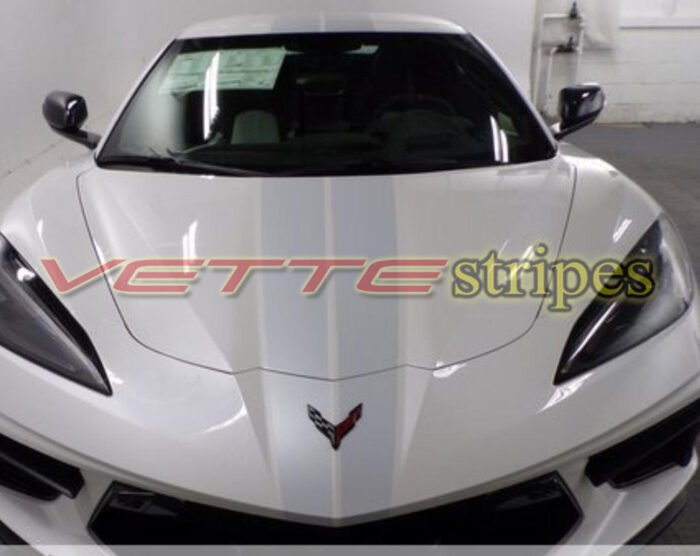 White C8 Corvette 70 ann with satin matrix gray dual racing stripes