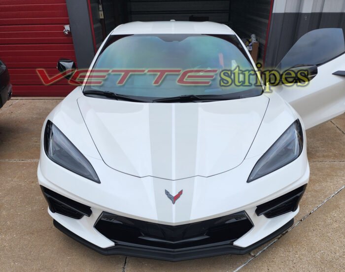 White C8 Corvette 70 ann with satin matrix gray dual racing stripes