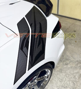 White C8 Corvette Eray with Eray rear fender hash stripes