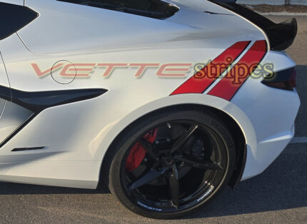 White C8 Corvette Eray with rear Grand Sport fender hash stripes on gloss red and gloss carbon flash