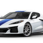 White C8 Corvette Grand Sport with Admiral blue center stripes