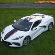 White C8 Corvette Stingray coupe with 70 anniversary stripes in 3M 2080 gloss carbon flash and gloss edge red