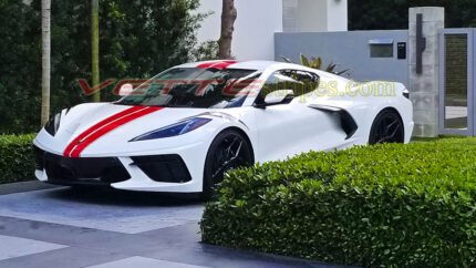 White C8 Corvette Stingray coupe with GM full length dual racing stripes 2 in torch red and carbon flash