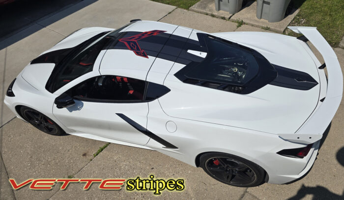 White C8 Corvette Stingray coupe with OEM alike jake roof and rear stripes