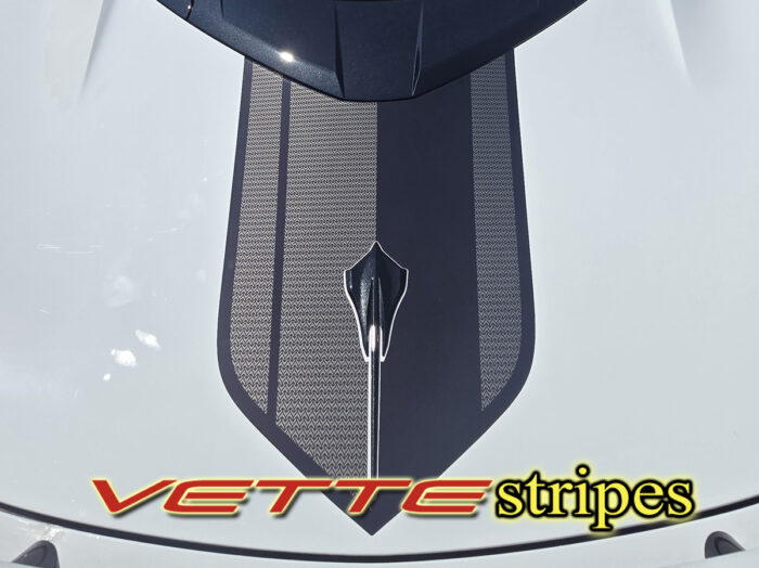 White C8 Corvette Stingray coupe with OEM alike jake roof and rear stripes