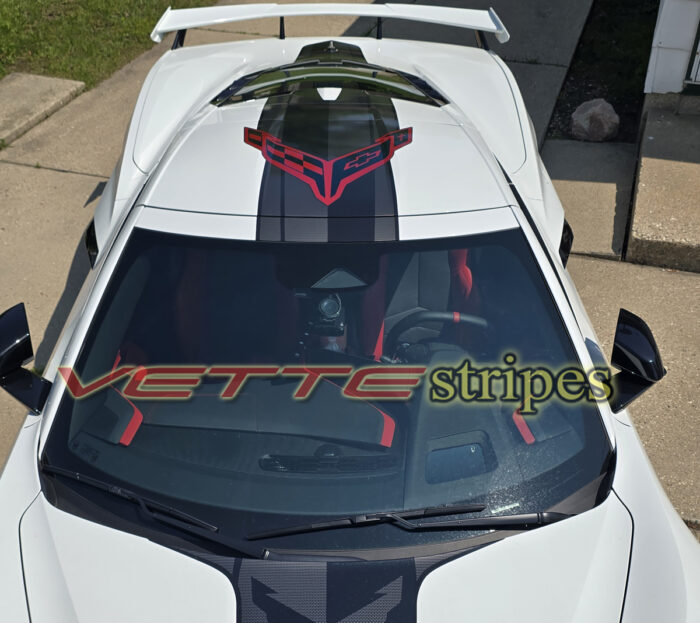 White C8 Corvette Stingray coupe with OEM alike jake roof and rear stripes