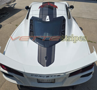 White C8 Corvette Stingray coupe with OEM alike jake roof and rear stripes