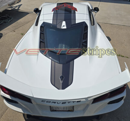 White C8 Corvette Stingray coupe with OEM alike jake roof and rear stripes