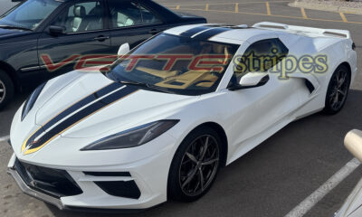 White C8 Corvette Stingray with GM full length dual racing stripes in carbon flash and gold