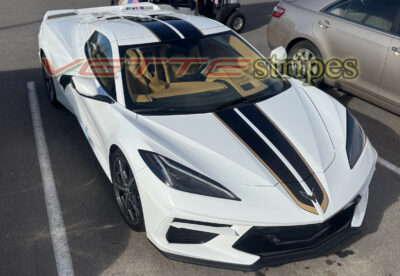 White C8 Corvette Stingray with GM full length dual racing stripes in carbon flash and gold