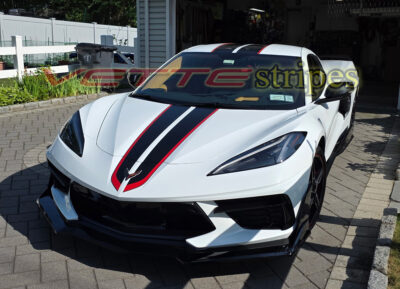 White C8 Corvette Stingray with GM full length dual racing stripes in carbon flash and red