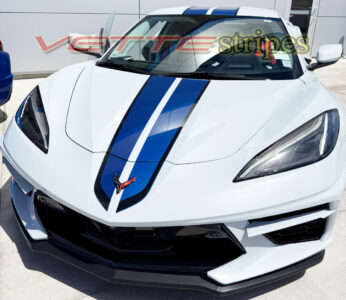 White C8 Corvette Stingray with GM full length dual racing stripes in riptide blue and gloss carbon flash