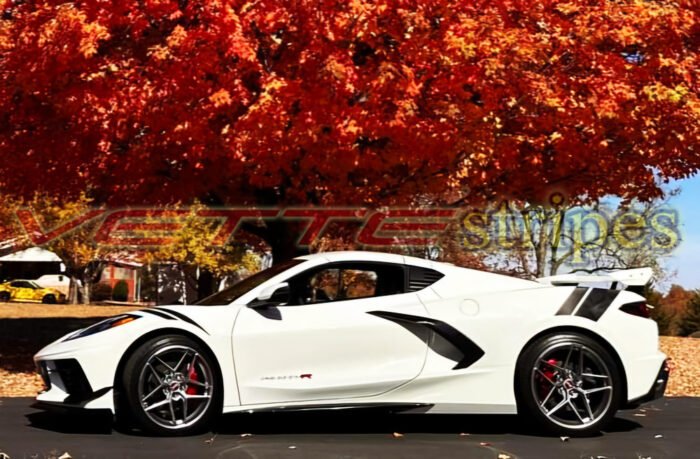 White C8 Corvette Stingray with front and rear fender hash marks