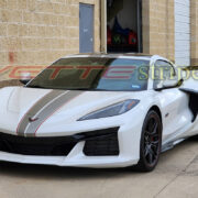 White C8 Corvette Z06 with pewter and edge red racing 2 stripes wider front to match hood lines