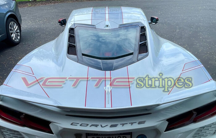 White C8 Corvette coupe rear fender hash marks with pinstripes