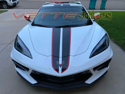 White C8 Corvette coupe with 2024 full length dual racing stripes in gloss carbon flash and gloss adrenaline red