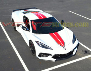 White C8 Corvette coupe with C8R stripes in 3M 2080 gloss red and carbon flash