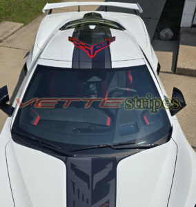White C8 Corvette coupe with full Stingray R jake stripes