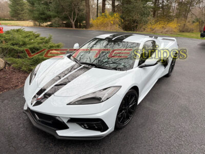White C8 Corvette with 2024 2025 GM full length dual racing stripes in 3M 2080 HG gloss carbon flash