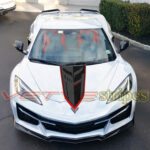 White C8 Corvette with LE stripes in carbon flash with carbon fiber jake and red border stripes