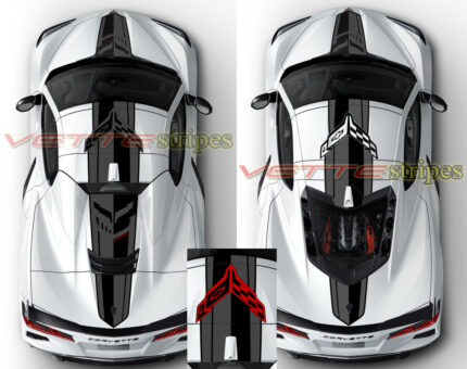 White C8 Corvette with OEM roof and rear jake hood stripes extended