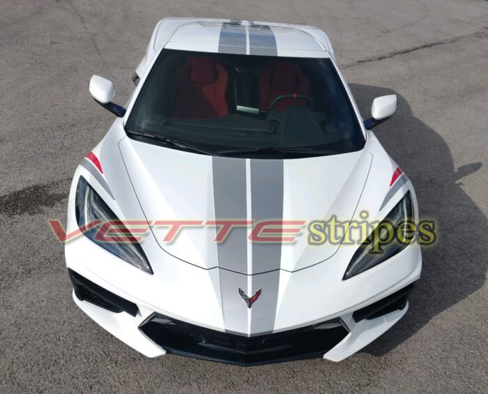 White C8 Corvette with red and sterling silver OEM fender hash marks