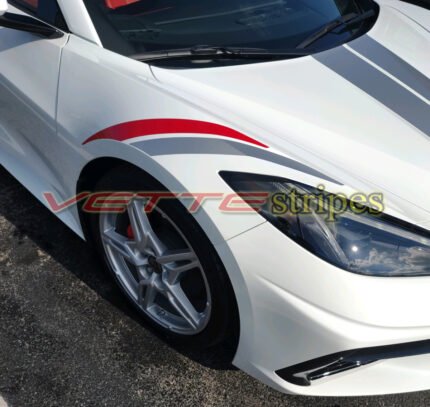 White C8 Corvette with red and sterling silver OEM fender hash marks