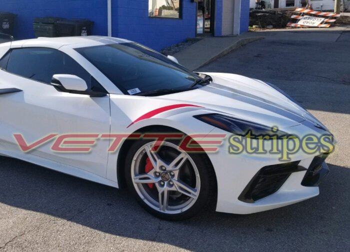 White C8 Corvette with red and sterling silver OEM fender hash marks