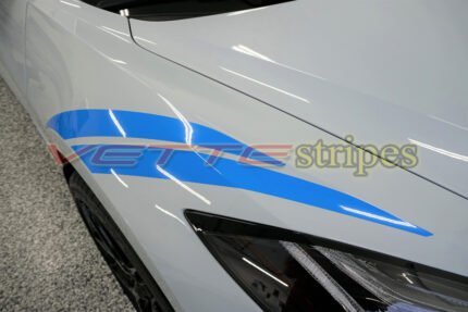 White C8 Corvette with tension blue OEM fender hash marks