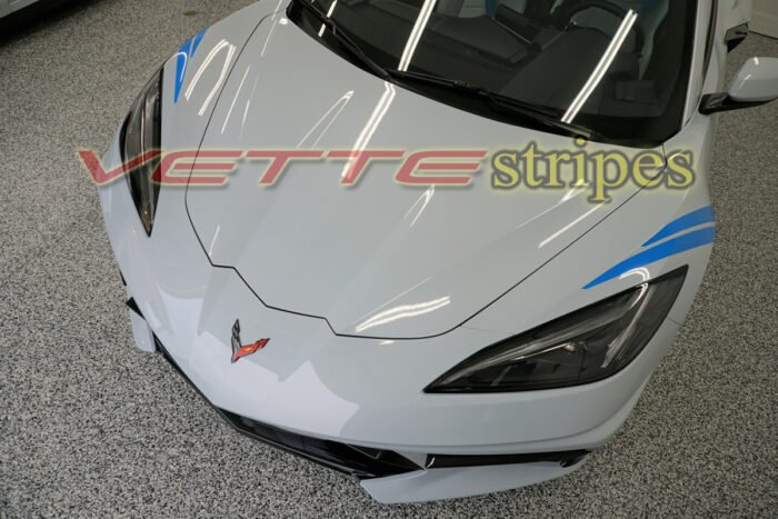 White C8 Corvette with tension blue OEM fender hash marks