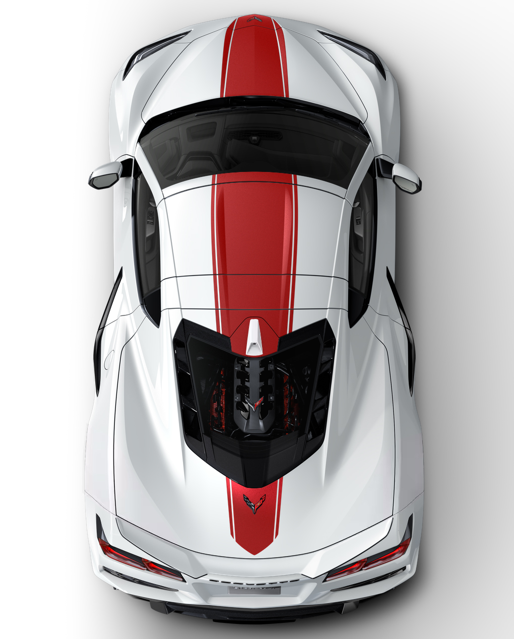 White C8 Grand Sport coupe with red mist center stripes White C8 Grand Sport coupe with red mist center stripes