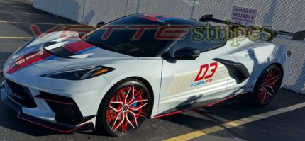 White C8 Stingray Corvette with ZR1 hood and GT3 flag door graphics