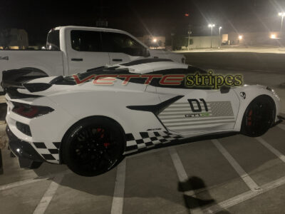 White C8 Z06 Corvette with GT3R door flag graphic stripes