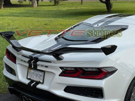 White C8 Z06 Corvette with 3M 2080 gloss carbon flash OEM racing stripes with all cutouts option