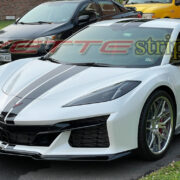 White C8 Z06 Corvette with 3M 2080 gloss carbon flash OEM racing stripes with lower front bumper stripes option