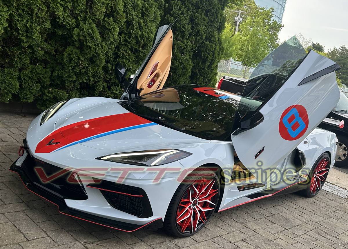 White C8 corvette Stingray vert with cardinal red and rapid blue racing stripes White C8 corvette Stingray vert with cardinal red and rapid blue racing stripes