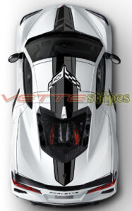 White C8 coupe with OEM roof and rear stripes with cutout flag