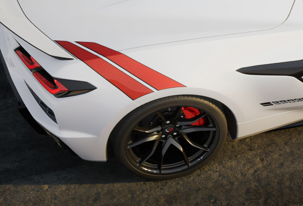 White Corvette Grand Sport with rear fender hash stripes White Corvette Grand Sport with rear fender hash stripes