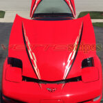 torch red c5 corvette with sandstone and black super hood stripe and outer hood spear
